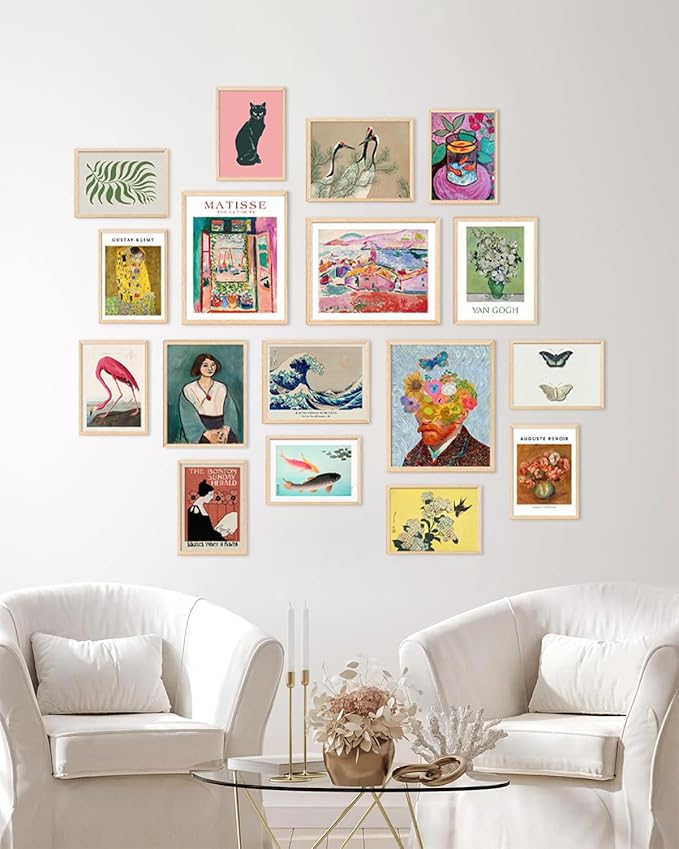KBKBART Set of 17 Eclectic Wall Art Prints, Colorful Maximalist Wall Decor Canvas Boho Gallery Prints Collage, Vintage Famous Artists Painting Pictures Aesthetic Poster for Funky Room Decor, Eclectic Home Decor for Bedroom Dorm - Unframed