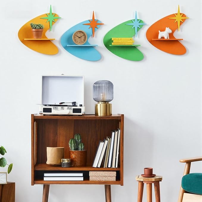 4 Pcs Mid Century Wall Decor Wooden Retro Celestial Star Shaped Burst Wall Art Mount Shelves for Aesthetic Hanging Storage Sign Decoration for Room Bedroom Party(Star-Shaped Burst)
