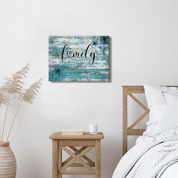 Family Wall Decor Teal Bathroom Decor for Living Room Dining Room Rustic Family Signs for Home Decor Wall Turquoise Inspirational Quotes Canvas Prints Farmhouse Painting Artwork Home Decoration 12x16"