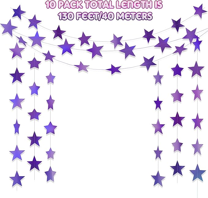 Patelai Glitter Star Garland Banner 2026 Graduation Decor 130 Feet Star Hanging Banner Twinkle Backdrop for Party Birthday Classroom Wedding Supplies(Holographic Purple)