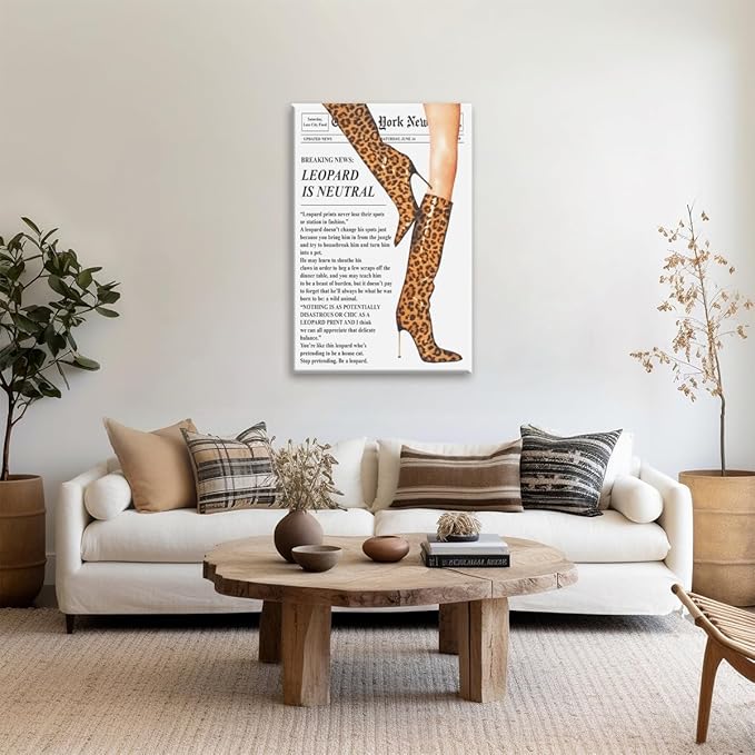 Trendy Newspaper Posters Vintage Leopard Boots Poster Feminist Canvas Prints Retro Fashion Bar Cart Magazine Cover Wall Art for Hot Girl Preppy Y2k Aesthetic Room Home Decor 12x16inch Framed
