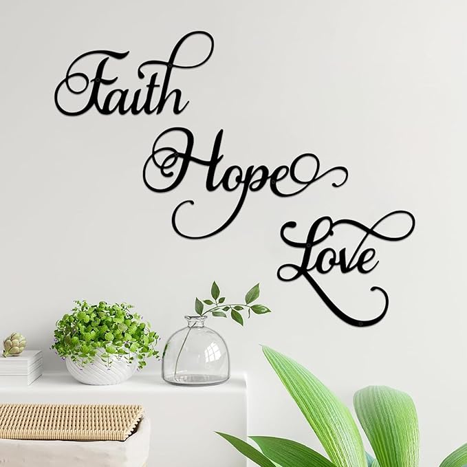 ESTART Faith Hope Love 3 Pieces Metal Wall Decor Inspirational Black Letter Sign Wall Art Rustic Vintage Farmhouse Word Metal Sign Family Wall Decor for Home Bedroom Living Room