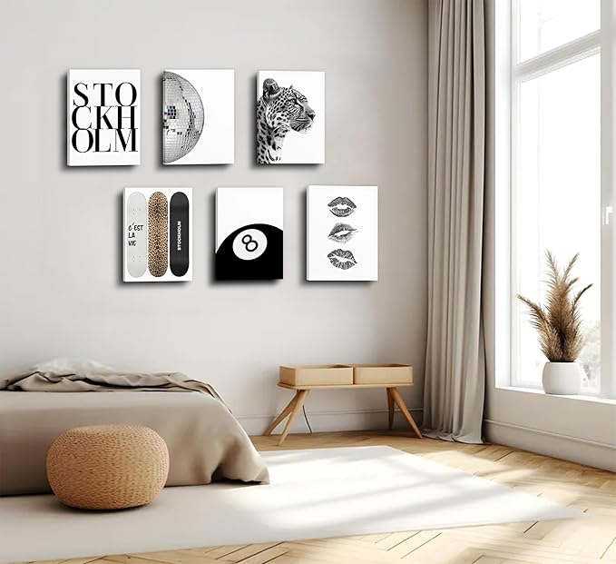Fashion Trendy Leopard Wall Art Set of 6 Stockholm Preppy Room Painting Picture Wall Decor Black White Aesthetic Cheetah Poster Print Artwork for Girls Bedroom Dorm Apartment Home Decoration