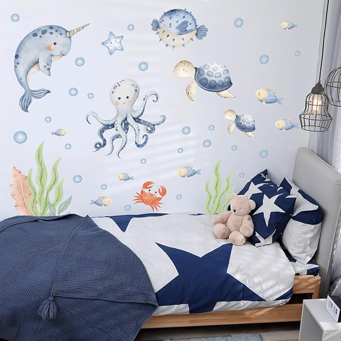 Under The Sea Whales Wall Decal Stickers，Wall Sticker for Children's Room Underwater World,Ocean Watercolor Wall Sticker ，oastal Ocean Hippocampus Octopus Turtle Fish Nursery Decoration.