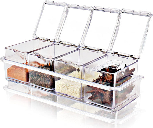 Clear Seasoning Box - 4 Piece Acrylic Spice Storage Container storage Tool for Kitchen Herb Spice Tools Gadgets-Cruet with Lid and Spoon