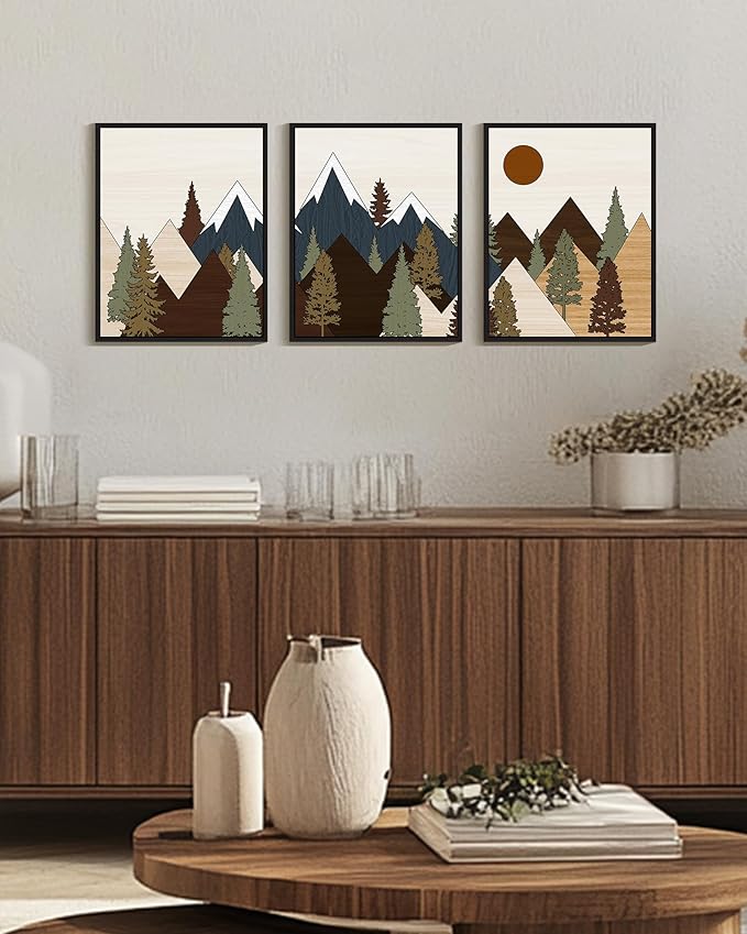 Drsoum Morden Mountains Landscape Wall Art Framed Boho Pine Tree Forest Nature Prints Boho Farmhouse Rustic Artwork Hallway Bedroom Ready to Hang 16x24in Black Framed