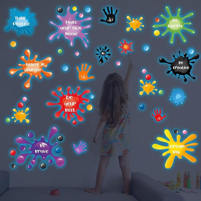 Glow in The Dark Inspirational Wall Decals Glowing Luminous Watercolour Motivational Lettering Wall Stickers Positive Saying Ink Splatter Splotches Decals for Kids Classroom Nursery Playroom Decor