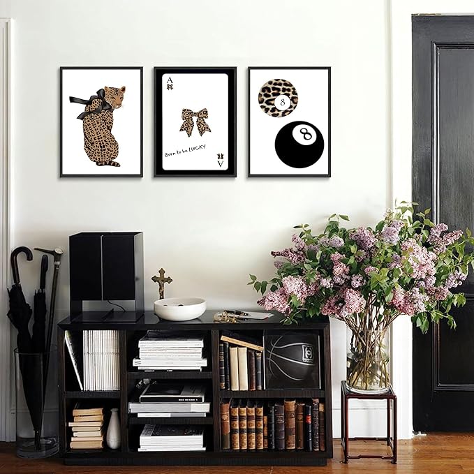 Set of 3 Trendy 8 Ball Leopard Wall Art Ace Card Bow Wall Decor Pictures Funky Born To Be Lucky Posters Prints Preppy Aesthetic Cheetah Room Decor for Girls Bedroom Apartment Dorm Unframed 16x24in