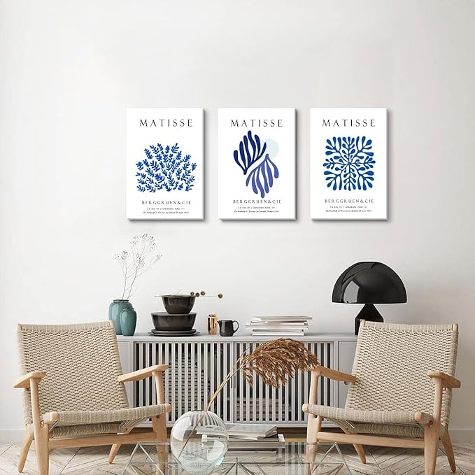Djmwtb 3 Piece Canvas Wall Art Navy Blue Wall Decor Matisse Prints Abstract Paintings Pictures for Bedroom Bathroom Living Room Artwork 12x16in Framed