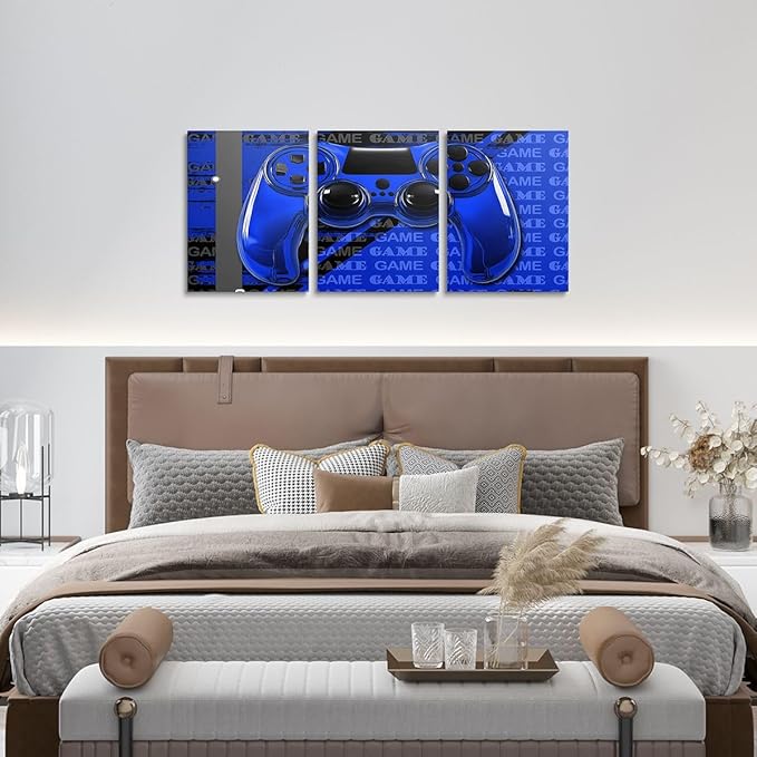 Feelyou Gamer Canvas Wall Art 12" x 16" 3 Piece Game Controller Office Wall Artwork Posters for Teens Adults Gaming Gifts Bathroom Wall Art for Home Gamepad Blue and Black Wall Painting