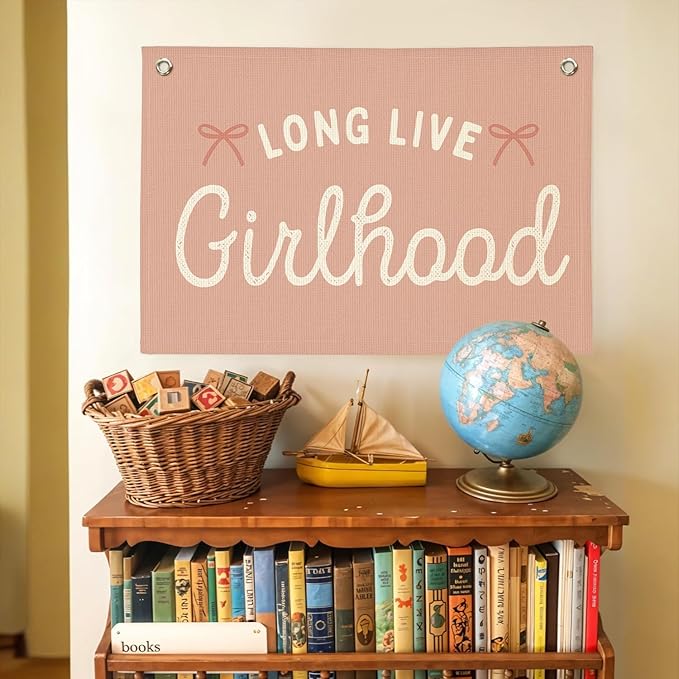 Girls Nursery Decor,Long Live Girlhood Linen Canvas Banner,Boho Girls Room Decor – Coquette Pink Bow Wall Hanging for Nursery Bedroom 30x20 Inch