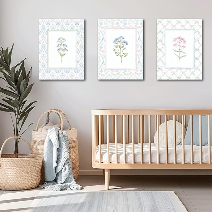 Wildflower Nursery Wall Art Decor Baby Girl Room Canvas Prints Pastel Floral Wall Art Botanical Flower Pictures Pink Blue Wildflower Painting Artwork for Baby Nursery, Kids Room, or Girls Bedroom, Boho Nursery Wall Decor16x24 Inch Framed