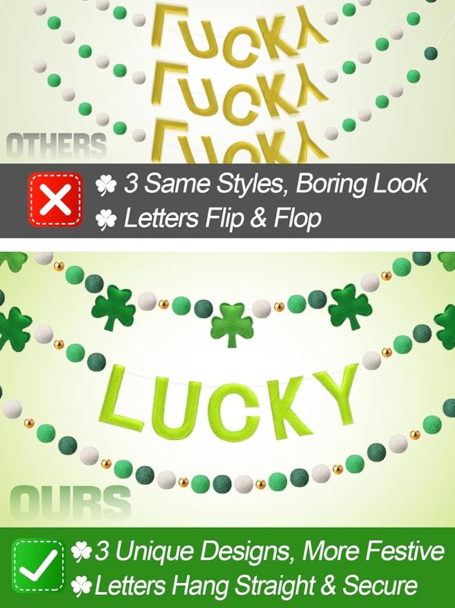3 Pack Felt St. Patrick's Day Decorations Garland - 6.6 ft Lucky Felt Ball Pom Pom with Silver Beads, Shamrock Garlands for Mantel Home Supplies