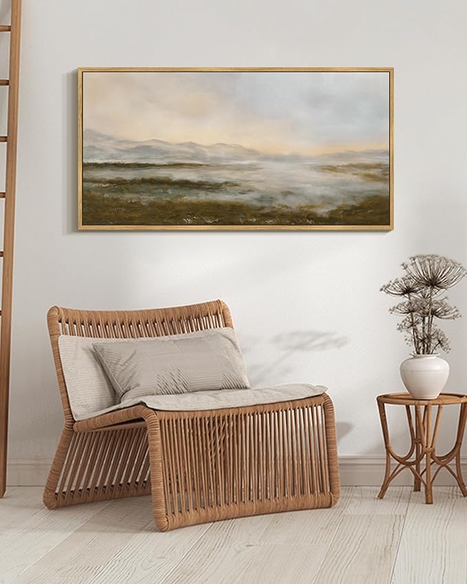 SHENIFY Vintage Framed Wall Art Rustic Foggy Mountain Landscape Scenery Home Decor Retro Wilderness Decorations for Farmhouse Bedroom Ready to Hang Wall Artwork - 20x40in Natural Framed
