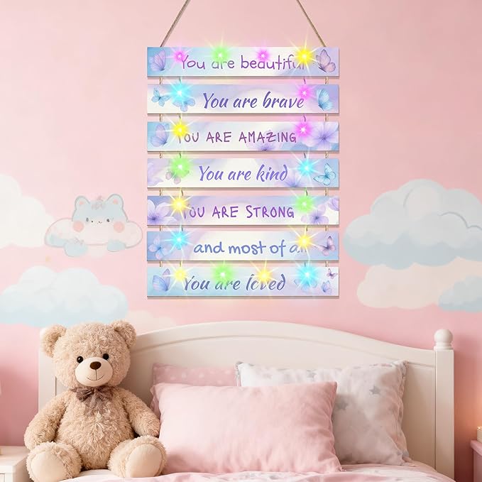 FIOBEE Girls Room Décor for Teen Girls Boys with LED Light Wall Decor for Bedroom Motivational Inspirational Wall Art Girl Room Decoration for Kids Studyroom, 8 Kinds of Lights, Blue Purple Butterfly