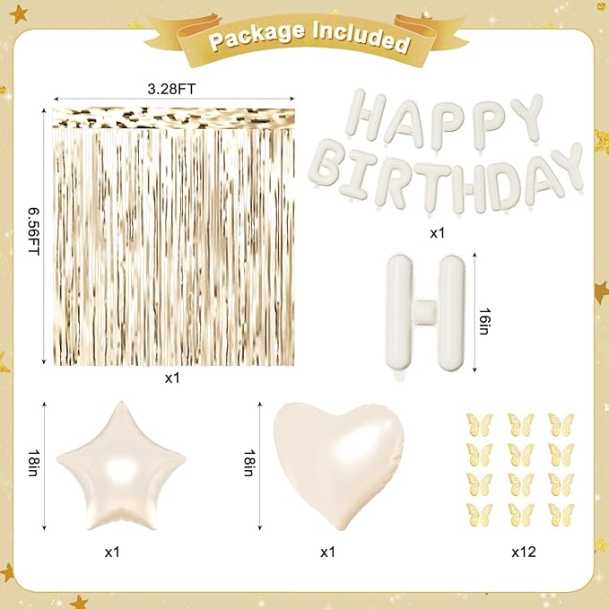 White and Gold Birthday Decorations for Women Girls, Pearl White Gold Foil Confetti Balloons Happy birthday Banner Gold Butterfly Fringe Curtains for Birthday Party Baptism Communion Decorations