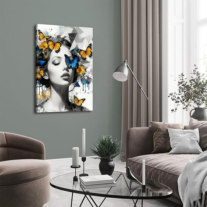 Abstract Butterfly Wall Art Feminine Portrait Paintings Pictures for Bathroom Wall Decor Black and White Woman Canvas Prints Modern Aesthetics Artwork for Living Room Bedroom Home Decorations 32X48''
