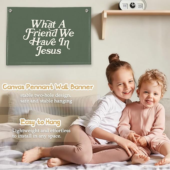 RTXLEZM Kids Room Decor, What a Friend We Have in Jesus Christian Canvas Banner Wall Hanging,Green Minimalist Bible Verse Wall Art Prints for for Classroom, Nursery, Kids Room,20x30