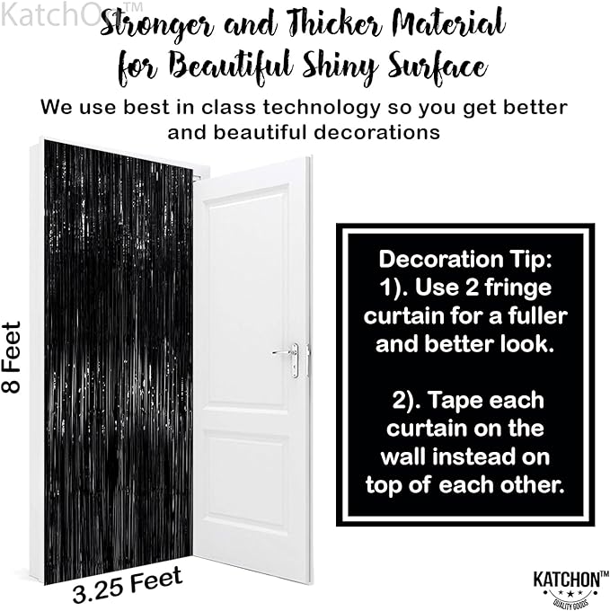 KatchOn XtraLarge Black Streamers - 3.2x8 Feet, Pack of 2 | Fringe Backdrop for Black Party Decorations | Tinsel Backdrop for Graduation Decorations 2026 | Black Streamers Party Decorations