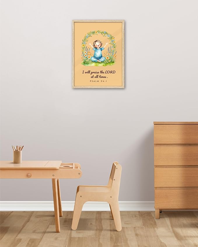 KensTro Natural OAK Wood Nursery Decor Framed Wall Art, 12x16 in Inspirational Christian Bible Verse Wall Art,I Will Praise the LORD at All Times PSALM 34:1 Print for Boys Girls Bedroom Decor Set of 1