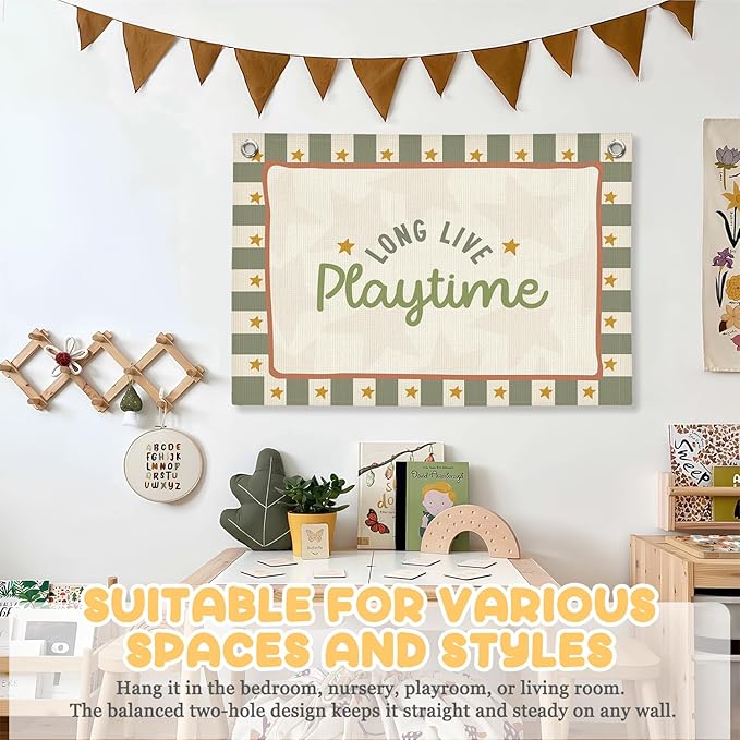 Playroom Wall Decor,Long Live Playtime Linen Canvas Banner,Sage Green Toddler Playroom Decor Kids Room Nursery with Star Pattern Wall Decor for Toddler Boys Toy Room Bedroom,30x20 Inch