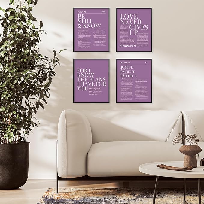Locomiss Purple Christian Wall Art Decor, Modern Bible Verse Prints, Minimalist Jesus Scripture Wall Decor, Purple Inspirational Bible Posters for Bedroom Office Living Room, Set of 4 (8x10 Unframed)