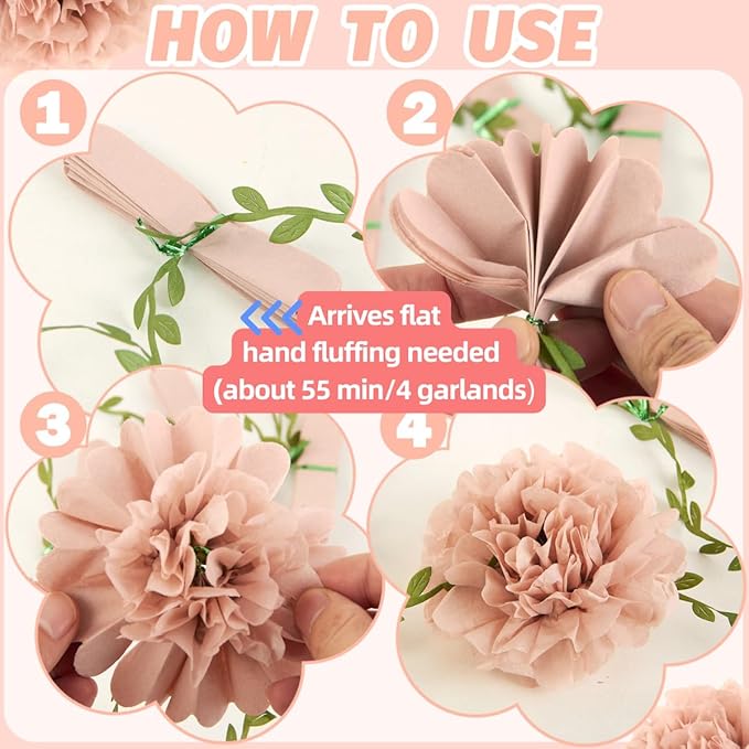 Homarkable Nude Pink Tissue Paper Pom Pom Garlands, Paper Flowers for Birthday Decorations, Baby Shower, Wedding Engagement, Bridal Shower, Spring Summer Party Decorations, 4 Pcs