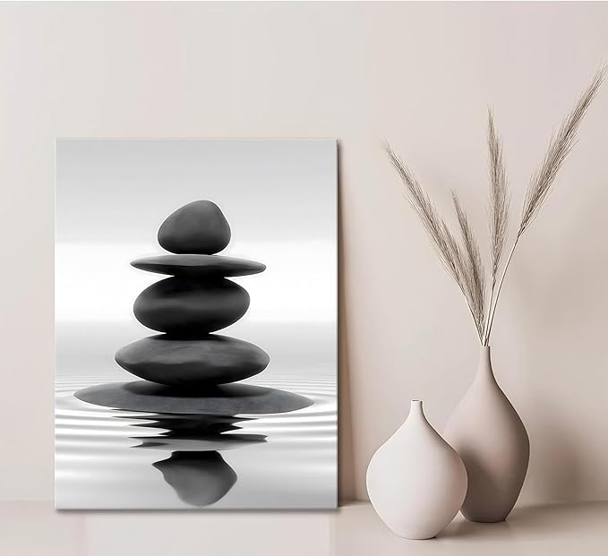 Zen Canvas Wall Art Black Stacked Stone Poster Print for Spas Bathrooms Yoga Rooms Meditation Spaces Wall docer Ready to hang 12x16in Framed