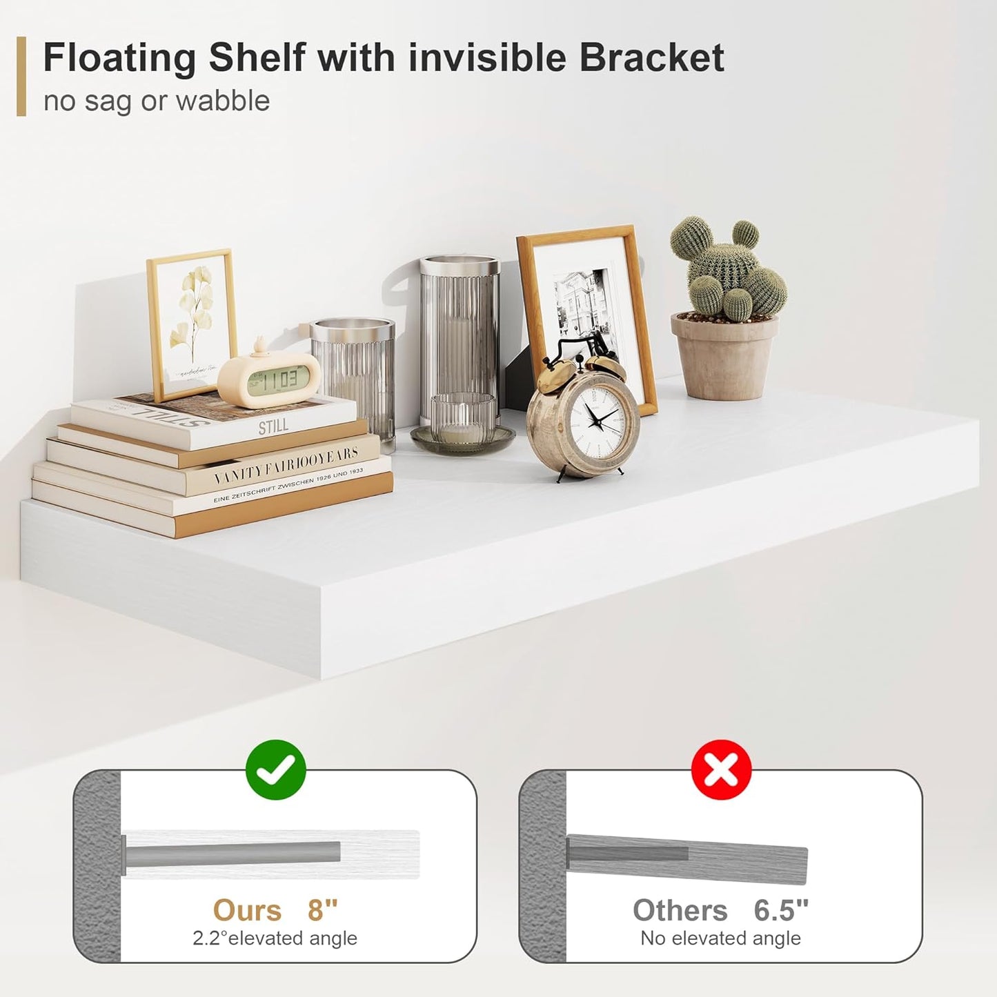 Heimlove 12" Deep White Floating Shelves for Wall, 24 Inch Wall Shelf Bathroom Shelves Set of 1, Wall Mounted Shelves for Books Living Room Laundry Room Bedroom Kitchen Home Office