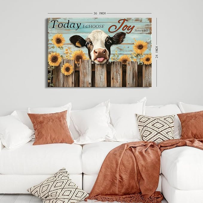 Large Farmhouse Cow Wall Art Teal Wall Decor Sunflower Pictures for Living Room Christian Bible Canvas Prints Cattle Poster Rustic Farm Animal Painting Artwork for Bedroom Home Decorations 24x36"