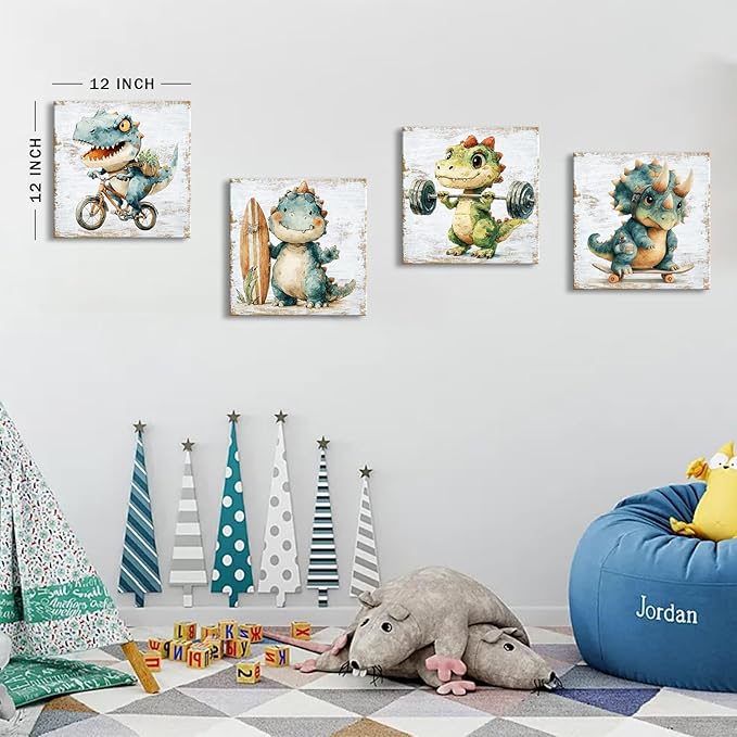 Cute Dinosaur Wall Art Kids Room Decor Cartoon Sport Dino Canvas Pictures for Nursery Baby Boys Girls Bedroom Decor Dinosaur Bike Surfboard Weights Posters Artwork Toddler Home Decorations 12x12” 4Pcs