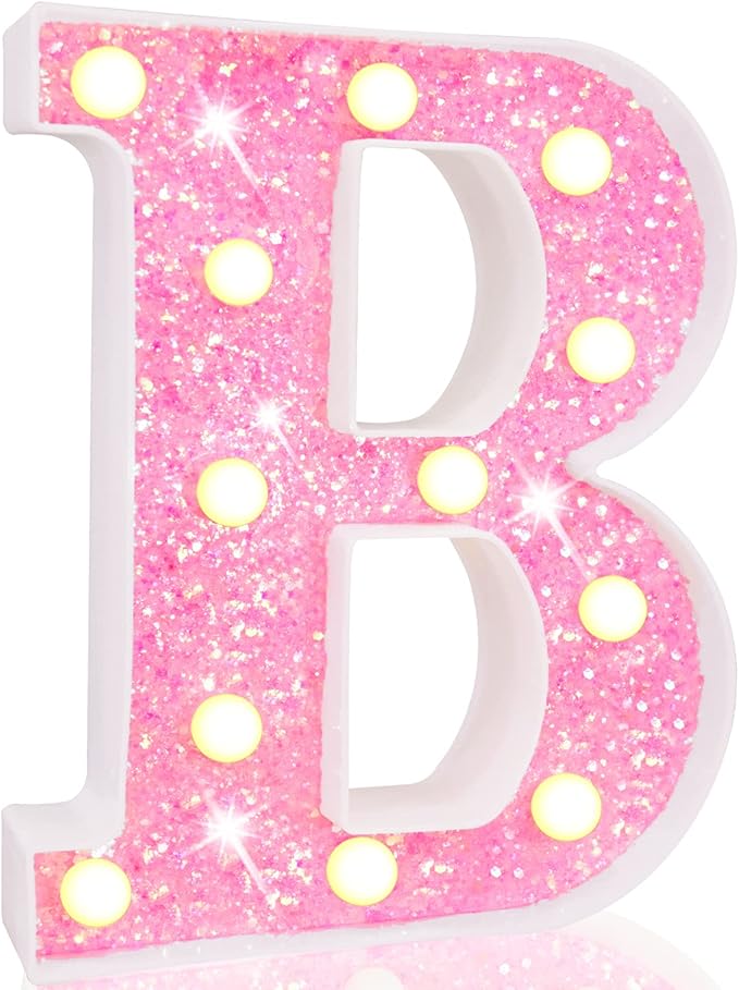 Pooqla LED Marquee Lights, Pink Glitter Alphabet Letters - Battery Powered Night Light, Birthday Party, Wedding, Home Bar, Christmas Decoration - Letter B