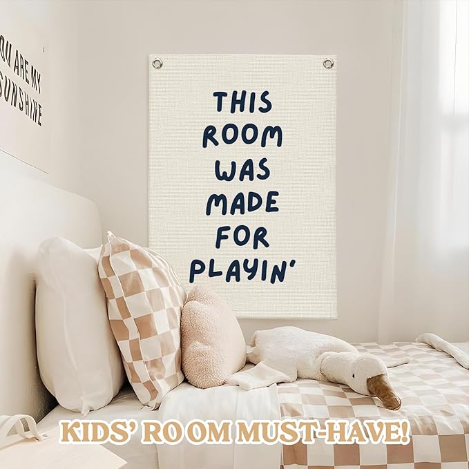 Playroom Wall Decor Linen Canvas Banner,This Room Was Made For Playin 18x25 Inch,Nursery Canvas Art,Kids Bedroom Hanging Flag for Toddler Play