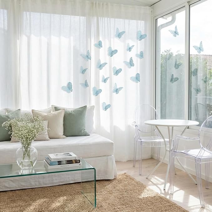 Bememo 72 Pieces 3D Butterfly Wall Decals Sticker Decal Wall Decor Art Decorative Sticker 3 Sizes for Room Offices Bedroom Bathroom Living Room Decor(Sky Blue)