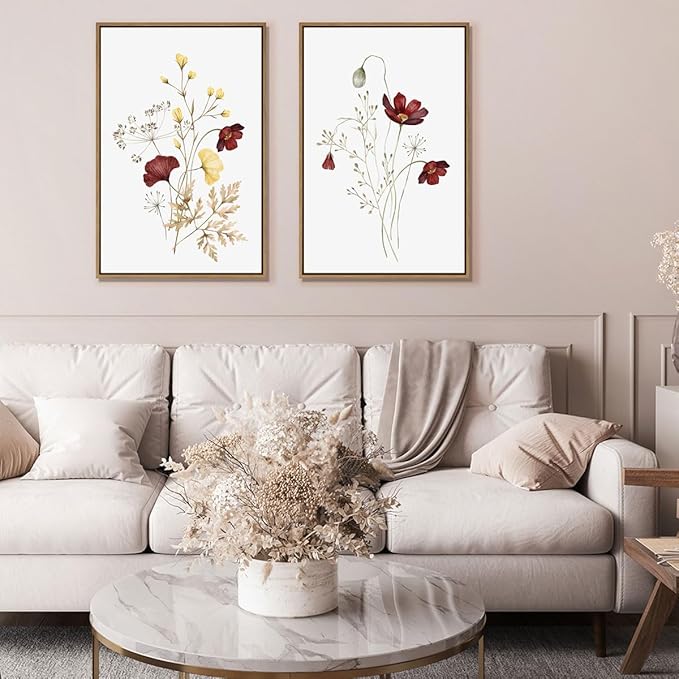 Watercolor Botanical Wall Art Prints Burgundy and Yellow Flower Pictures Wall Decor Colorful Floral Plants Painting Framed Aesthetic Poster for Home Office Kitchen Decoration 2 Pieces Set - 16x24 Inch