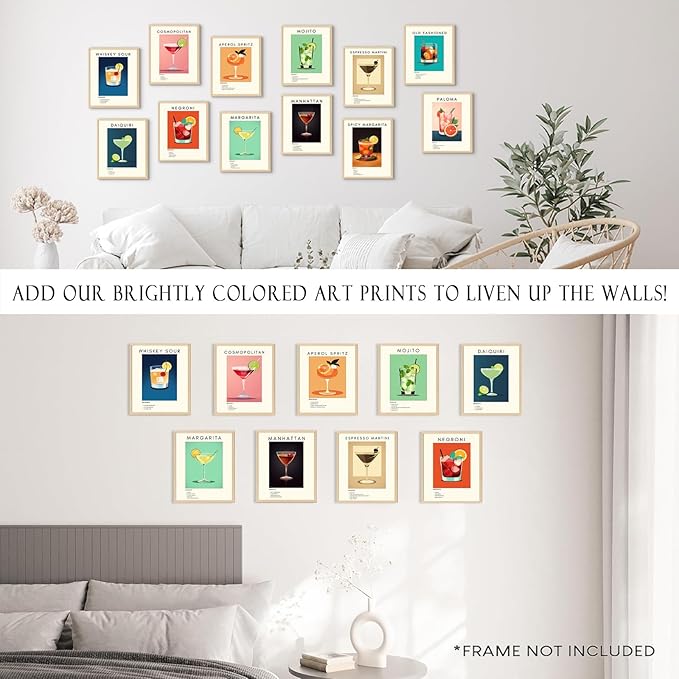 Retro Cocktail Poster Bar Wall Art, Classic Cocktail Wall Decor Set of 12 Vibrant Colorful Preppy Alcohol Prints, Minimalist Alcohol Pictures for College Apartment Wall Decor (8x10 Inches Unframed)