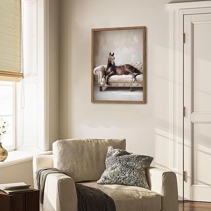 Framed Funny Horse Canvas Wall Art, Vintage Western Brown Horse On Sofa Pictures Wall Decor, Rustic Farmhouse Animal Paintings Prints for Living Room Bedroom Office Dorm 16x24 inch