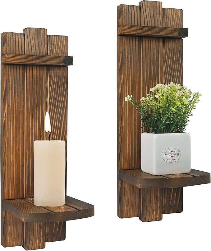 Sconces Wall Decor Set of 2, Wall Candle Holder Rustic Home Decor, Farmhouse Wall Art Floating Candle Sconces Shelf Wooden Wall Decorations for Living Room, Dining Room, Bedroom, Bathroom