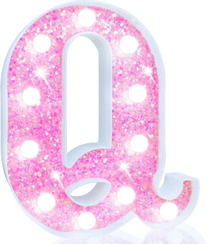 Pooqla LED Marquee Letter Lights, Light Up Pink Letters Glitter Letter Sign for Girls Gifts, Battery Powered for Night Light Birthday Party Wedding Home Bar Christmas Decoration, Cool White Pink Q