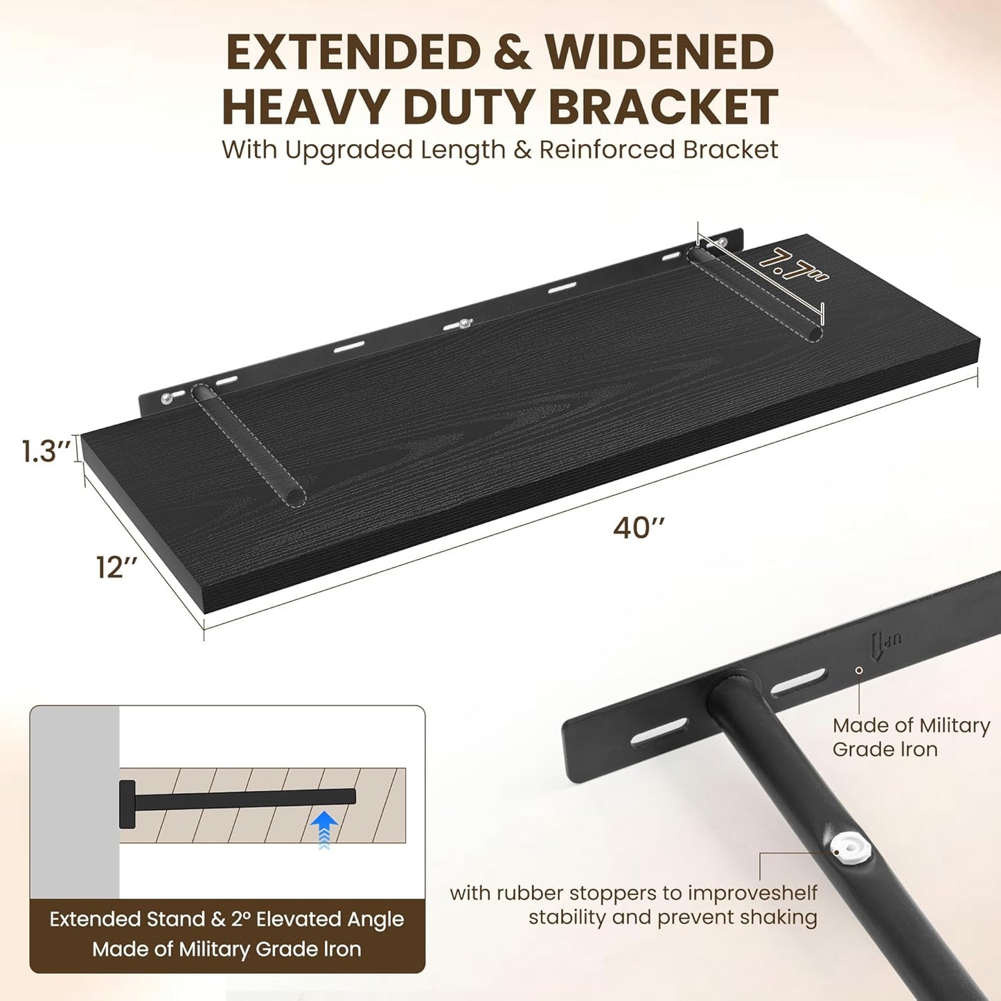 40" Floating Shelves for Wall, 12" Deep Slim Black Floating Shelves, Wall-Mounted Shelves for Bedroom, Living Room, Kitchen, Bathroom - Set of 2