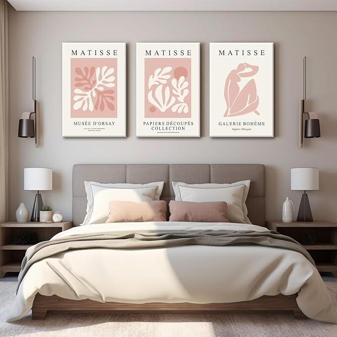 Djmwtb Matisse Abstract Canvas Wall Art Framed Set of 3 Pink Flower Market Poster Prints Modern Aesthetic Pictures Minimalist Wall Decor Painting for Living Room Bedroom Bathroom 16"x24"x3
