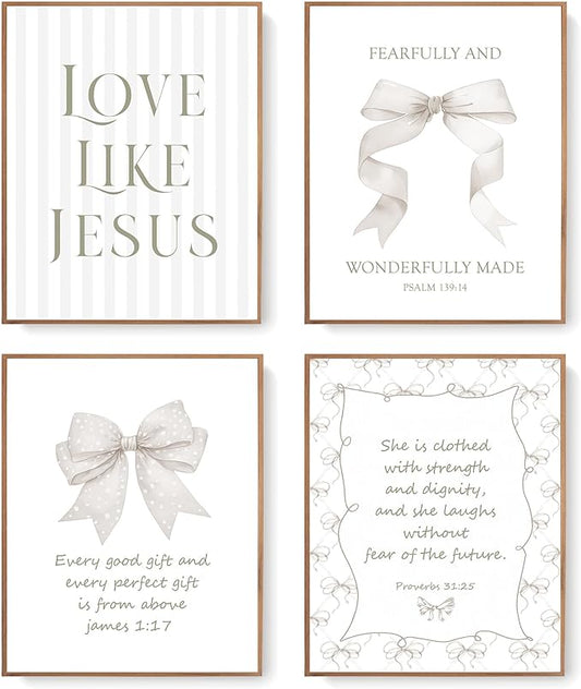 LARTSFRO Coquette Beige Bow Jesus Wall Art Decor Posters, Beige Bow Christian Room Bedroom Bathroom Wall Art Decor Aesthetic for Teen Girls Gifts, Inspirational Bible Verses Bow Wall Decor, 10x8 Inch Set of 4 Bow Pictures (UNFRAMED)