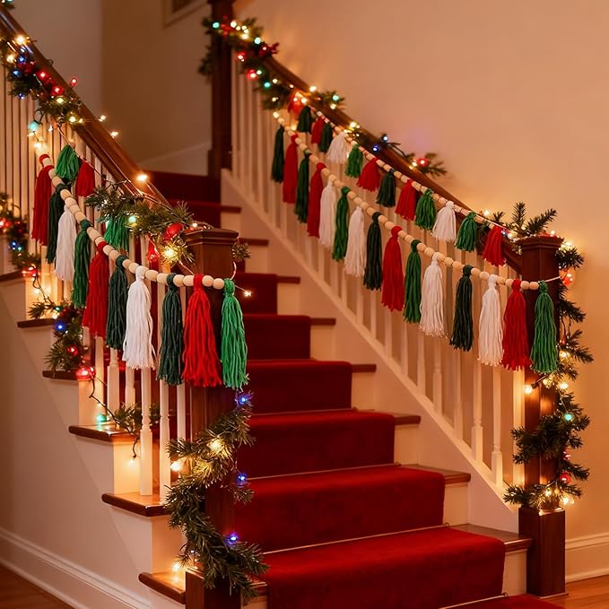 Zeyune 3 Pcs Christmas Tassel Garlands Red Green White Tassels Hanging Decor Xmas Rainbow Wall Hanging with Wood Beads for Christmas Party Supplies Bedroom Baby Shower