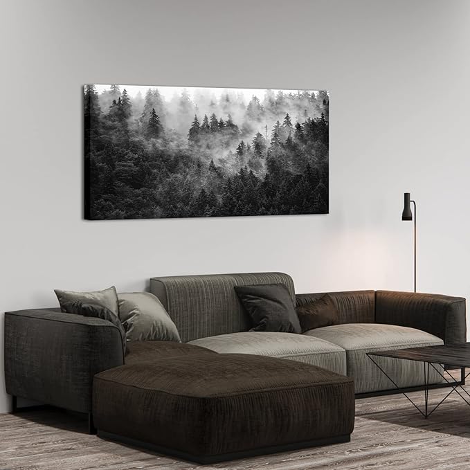 KREATIVE ARTS Black and White Misty Foggy Mountain Landscape Canvas Wall Art - Breathtaking Scene of Fir Forest in Hipster Style Picture Prints Rustic Decor for Home Office 20x40 Inches (20x40)