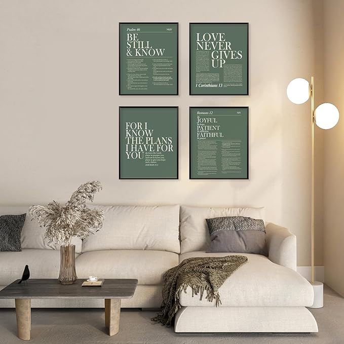 Locomiss Sage Green Christian Wall Art Decor, Modern Bible Verse Prints, Minimalist Jesus Scripture Wall Decor, Green Inspirational Bible Posters for Bedroom Office Living Room,Set of 4(8x10 Unframed)