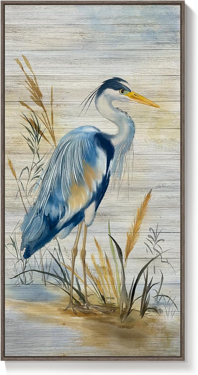 Framed Vertical Blue Heron Living Room Wall Art, Large Vintage Bird Picture Artwork for Walls, Coastal Heron Farmhouse Vertical Canvas Print for Office Kitchen Foyer Stair Hallway Wall Decor, 20x40 In