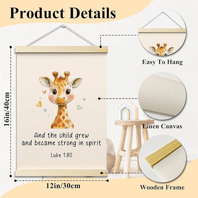 And The Child Grew and Became Strong In Spirit Christian Posters Hanger Frame Giraffe Hanging Poster for Nursery Classroom Decor Wall Art Decor for Kidroom Canvas Wall Art Print 16x12 - YY052