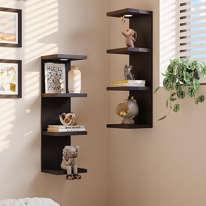 Versatile 4 Tier Wall Shelf Unit,Black Lack Wall Shelf,Display Floating Shelf with LED Remote Control Light