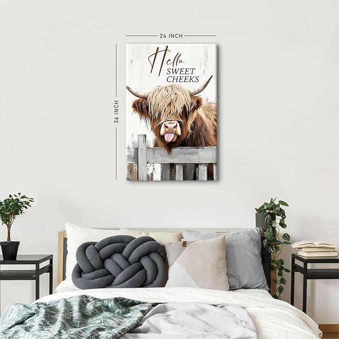 Farmhouse Cow Bathroom Wall Art Highland Cow Wall Decor Hello Sweet Cheeks Signs Prints Painting Longhorn Animal Pictures for Wall Rustic 24x36", Vintage Funny Cattle Poster Artwork Home Decorations