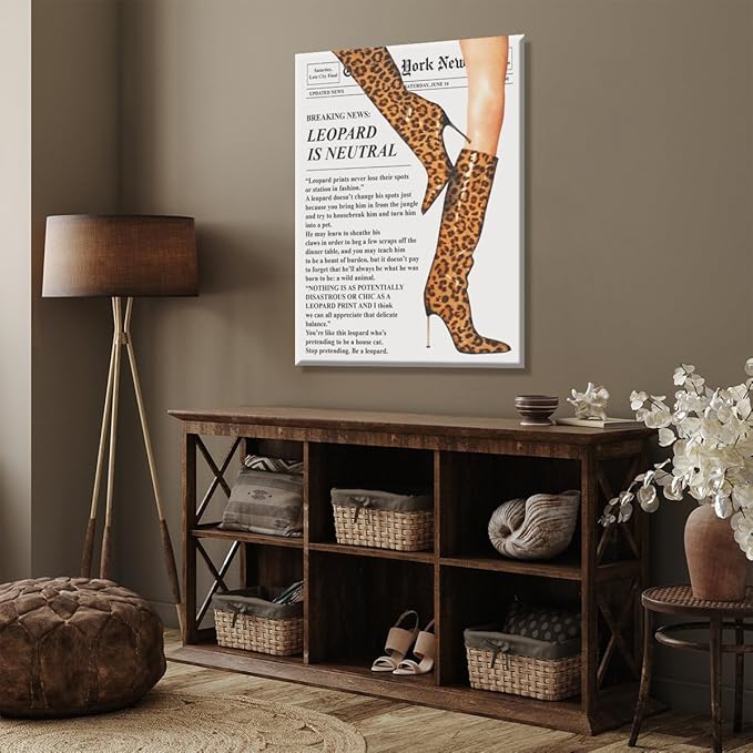 Trendy Newspaper Posters Vintage Leopard Boots Poster Feminist Canvas Prints Retro Fashion Bar Cart Magazine Cover Wall Art for Hot Girl Preppy Y2k Aesthetic Room Home Decor 12x16inch Framed